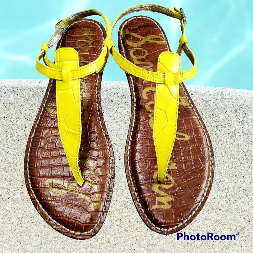 Sam Edelman Size 8.5 M Gigi T Bar Yellow Crocodile Leather Thong Sandals - Picture 1 of 12